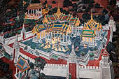 Detail of 'Ramakien' mural painting  - temple of the Emerald Buddha, Bangkok . Architectural elements in the panels are adapted from the real palaces and temples of the capital. 